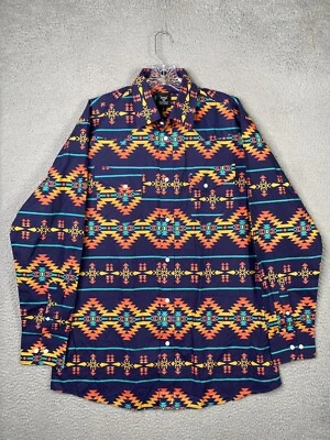 Camisa Lost Calf Lakota Para Hombres Grande Azul Azteca Botón Manga Larga Occidental NUEVA Foto 1 de 4