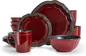 round Oval Stoneware Fine Dining Dinnerware Dish Set, 16 Piece, Dark Red with Br - Picture 1 of 7