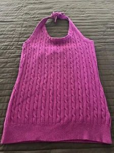 Merona Cable Knit Halter Sweater Size S Magenta Cotton Ties At Neck - Picture 1 of 11