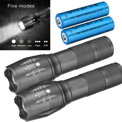 2PCS Tactical Zoom Flashlight Torch 2X Rechargeable Battery 3.7V Battery sET - image 1 of 4