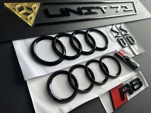 Audi R8 Negro Brillante Juego de Insignias Completas Kit Bota Tapa Tronco Emblema Parrilla Anillos V10 - Imagen 1 de 2