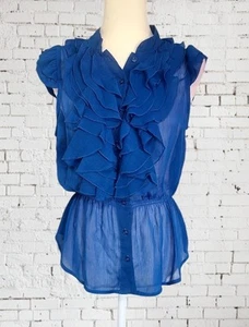 Blue Sheer Ruffle Collar Line Stlye Top Size XL Miley Cyris & Max Azria Blouse - Picture 1 of 8