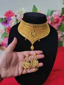22k Gold plated Earrings Jhumke Jhumka Indian Nepali Bollywood Bridal Necklace - Picture 1 of 7