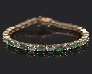 Natural Zambian Emerald & Aquamarine 925 Sterling Silver Wedding Tennis Bracelet - Picture 1 of 4