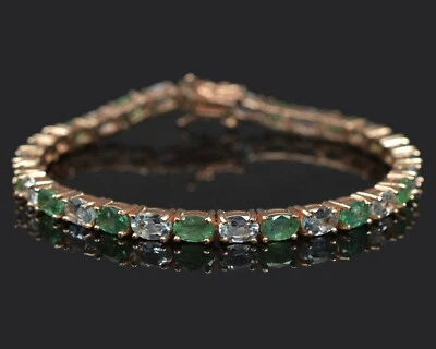 Natural Zambian Emerald & Aquamarine 925 Sterling Silver Wedding Tennis Bracelet - Imagem 1 de 4