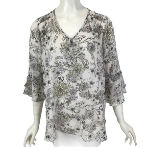 Table Eight Top Taupe Size 12 Mauve Floral Chiffon Lined 3/4 Bell Sleeves Boho - Picture 1 of 14