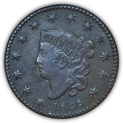 Centavo grande cabeza corona fecha ancha pequeña 1828 extremadamente fino XF detalles de moneda Foto 1 de 3