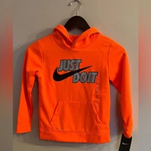 NIKE Dri-Fit Boy's Bright Orange Just Do It Logo Pullover Hoodie Size 7 NEW - Picture 1 of 4