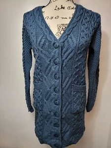 Aran Craft Merino Wool Long Boyfriend Button Front Cardigan - Mallard Blue - XXS - Picture 1 of 8
