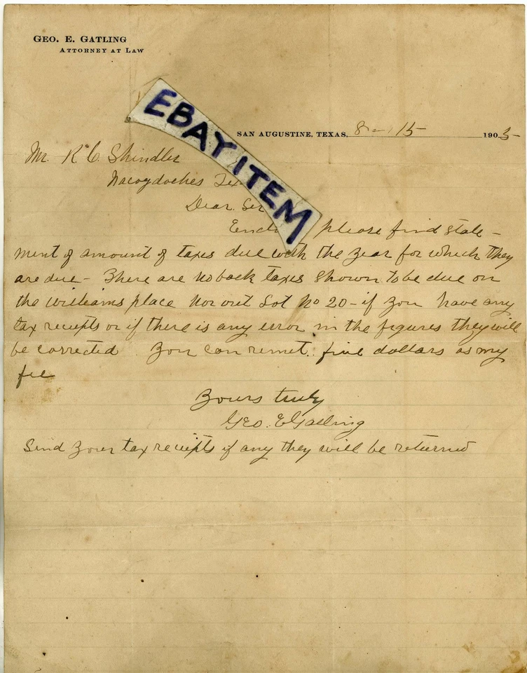 1905 年信头乔治·爱德华·盖特林圣奥古斯丁得克萨斯州律师律师律师信 — 第 1/1 张图片