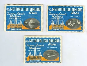 Set 3 Unused 1939 Visit Oakland San Francisco Golden Gate Inter Expo GGIE Decals - Picture 1 of 2