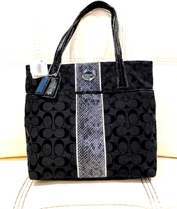 NWT Coach F25706 Stripe Embossed Python Coach Sig. Jacquard/Patent Leather Tote - Picture 1 of 12