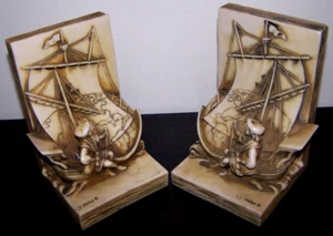 Pair Of Vivian C Heavy Resin Columbus & The Santa Maria Bookends - Picture 1 of 2