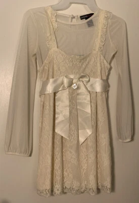 Girls 2 Piece Dressy Top By Guess Sheer Ivory Long Sleeve & Lace Tunic  Sz 14 - Image 1 of 4