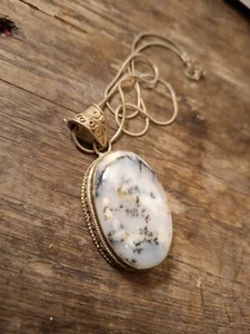 Dendrite Opal Vintage Pendant & Chain Sterling Silver 925 Plated Boho Oval Chic - Picture 1 of 11
