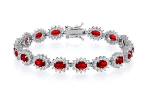 925 Sterling Silver Ruby & CZ Oval Cluster Ladies Tennis Bracelet - 7.5 inch - Picture 1 of 6