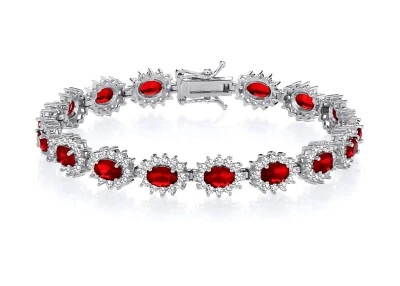 925 Sterling Silver Ruby & CZ Oval Cluster Ladies Tennis Bracelet - 7.5 inch - Image 1 of 4