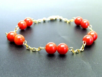 Pulseira feminina de corrente de ouro maciço 18K flutuante redonda coral vermelho 7,5" b502 - Imagem 1 de 4