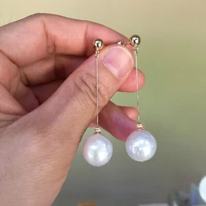 E251 Baroque 12.5~13mm pearl NaturalWHITE 14KGF 5mm ball stud earring 54MM AAA+ - Picture 1 of 12
