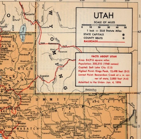 MAPA DEL CONDADO DE UTAH - Con ferrocarriles y detalle topográfico impresión vintage 1948 Foto 1 de 3