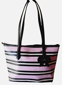 $498 KATE SPADE Black Pink Stripe Logo Purse Tote Satchel Handbag Bow Bag XL - Picture 1 of 9