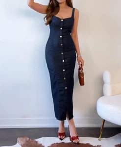 ZARA BNWT 2025. BLUE MIDI DRESS STRAPPY DENIM GOLD BUTTONS COTTON. 0779/055/400 - Picture 1 of 11