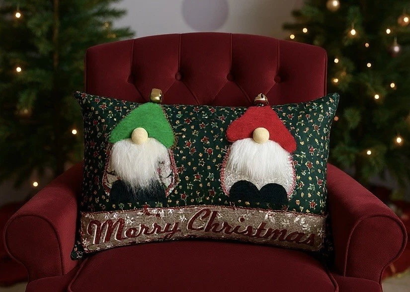 Handmade Christmas Scatter Cushion With Insert Decorated With Christmas Gonks - Image 1 of 1