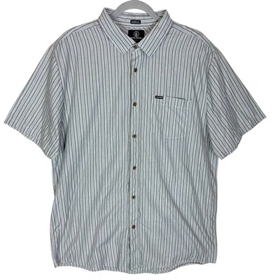 Volcom Shirt Men XL White Green Striped Classic Fit Long Sleeve Button-Up - Image 1 of 4