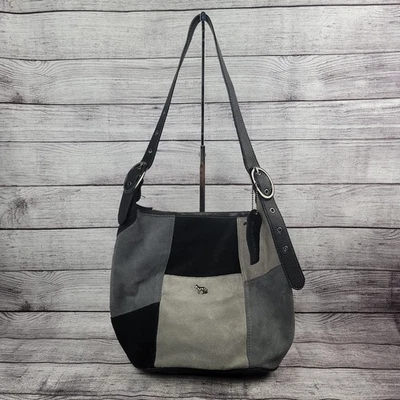 Emma Fox Leather Purse Shoulder Bag Strap Tote Bucket Style Black Gray Patchwork - Image 1 of 4