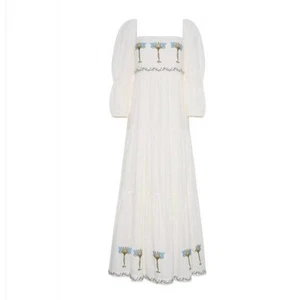 Maxi abito Anna Cate Scarlet XS blu avorio ricamato floreale manica a sbuffo boho - Foto 1 di 7