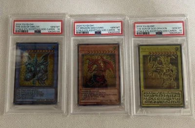 YuGiOh TCG 25th Anniversary Stainless Steel Egyptian God Card  SET PSA10  - Image 1 of 4