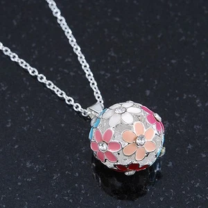 Multicoloured Enamel, Crystal Flower Ball Pendant With Silver Tone Chain - 40cm - Picture 1 of 4