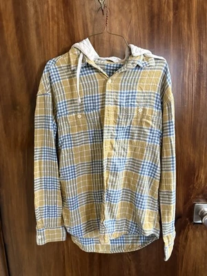 American Eagle Shirt Womens Small Yellow Plaid Hooded Button Down Flannel Casual - Image 1 of 4