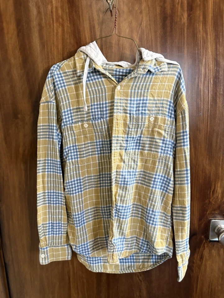 Camisa American Eagle para mujer pequeña amarilla a cuadros con capucha abotonada franela informal Foto 1 de 4