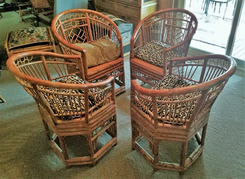 4 Mid Mod BAMBOO RATTAN CHINOISERIE CHAIRS ornate Tiki Boho Chic Tropical Cover