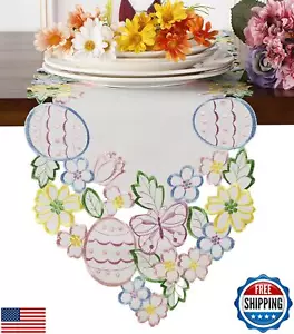Easter Spring Table Runner Cutwork Embroidered Floral and Eggs Butterflies Dr - Picture 1 of 5