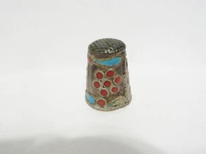 THIMBLE VINTAGE GREEK SILVER 935 W/RED ENAMEL FLOWERS & BLUE ENAMEL ACCENTS - Picture 1 of 5