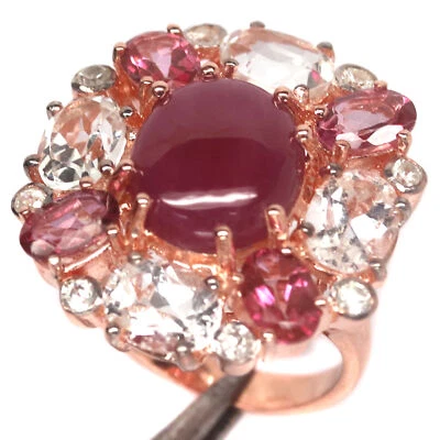 Heated 11 X 13 mm. Red Ruby & Pink With White Topaz Women Ring 925 Silver - Image 1 of 4