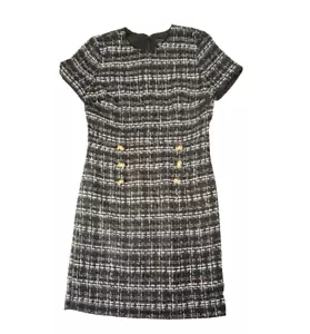 Ann Taylor Black Grey Dress Short Sleeve Lined Button Accent Corpcore Women's 10 - Picture 1 of 10