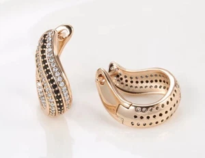 REAL ROSE GOLD FILLED BLACK HOOP EARRINGS MADE WITH SWAROVSKI CRYSTALS RG12 - Picture 1 of 6