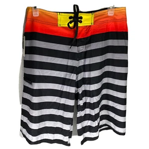 FeatherLight Swim Pool Board Shorts Black Orange Gray Stripe Men Sz 28 - Picture 1 of 5