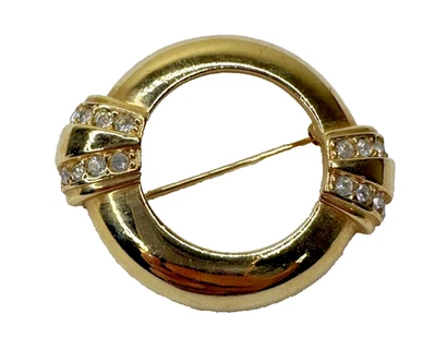 Avon Vtg  100th Anniversary Brooch 1886 - 1986 Round Gold Tone Rhinestone Pin - Image 1 of 4