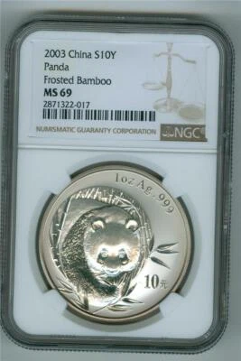 CHINA 2003 10 YUAN PANDA 1 OZ. .999 SILVER NGC MS-69 GEM BU TONED. - Image 1 of 2