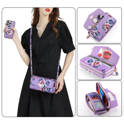 Printed Flower Crossbody Handbag Wallet Magnetic Cover For IPhone 7 8 9~14 15 16 - Image 1 of 4