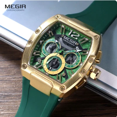 MEGIR Moda Reloj Deportivo de Cuarzo para Hombre Impermeable Dorado Verde Correa de Silicona Foto 1 de 4