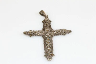 Ciondolo a Croce 835 Argento Marcasite Antico Gioielli Regalo - Immagine 1 di 4