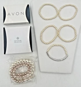 AVON PEARLESQUE CAPITOL ELEGANCE NECKLACE & RHINESTONE STRETCH BRACELET 5 PC SET - Picture 1 of 24