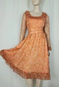 1960s Victor Costs floral micro pleat ruffle party dress orange S - Picture 1 of 14