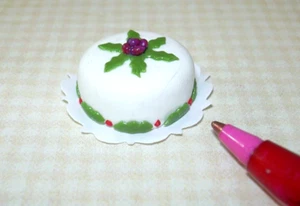 Miniature "Floral Theme" Christmas Cake #1 for DOLLHOUSE, 1:12 Scale Miniatures - Picture 1 of 1