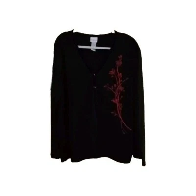 Vintage Koret Womens Sz 1X Black Wool Ribbon Embroidered Floral Cardigan Sweater - Image 1 of 4